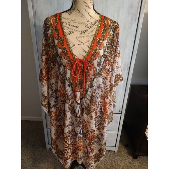 Boston proper Vneck sheer  poncho Small Embellished Boho Beachy Cottage Core - Picture 5 of 12
